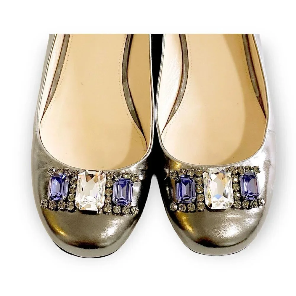 Prada pewter leather jewelled flats, size 38.5 EU